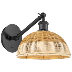 Bristol Natural II 11" High Matte Black Adjustable Sconce w/ Natural Shade