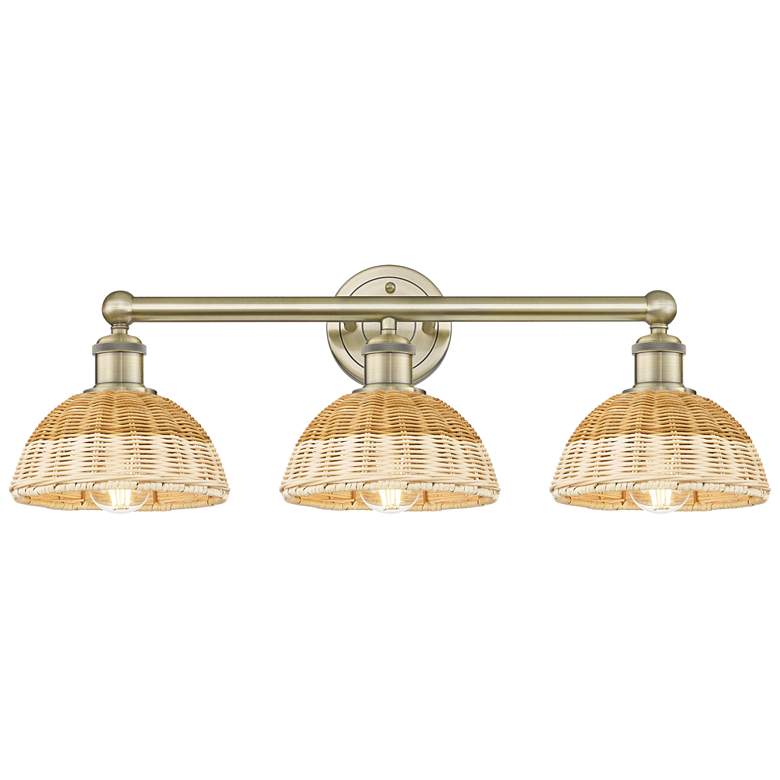 Image 1 Bristol Natural II 12"H 3-Light Antique Brass Vanity Light w/ Natural Shade