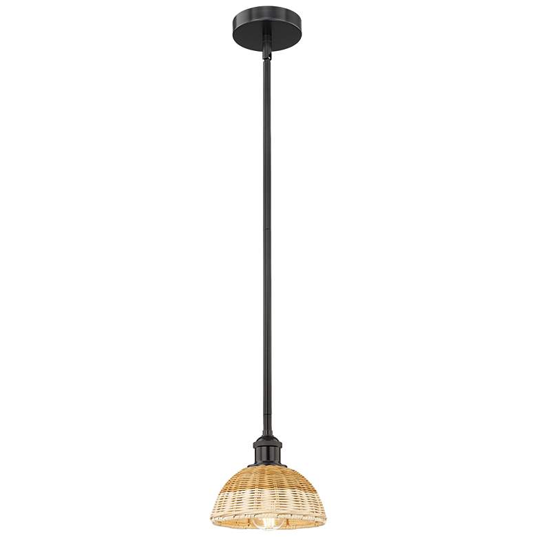 Image 1 Bristol Natural II 7.5" Wide Matte Black Mini Pendant w/ Natural Shade