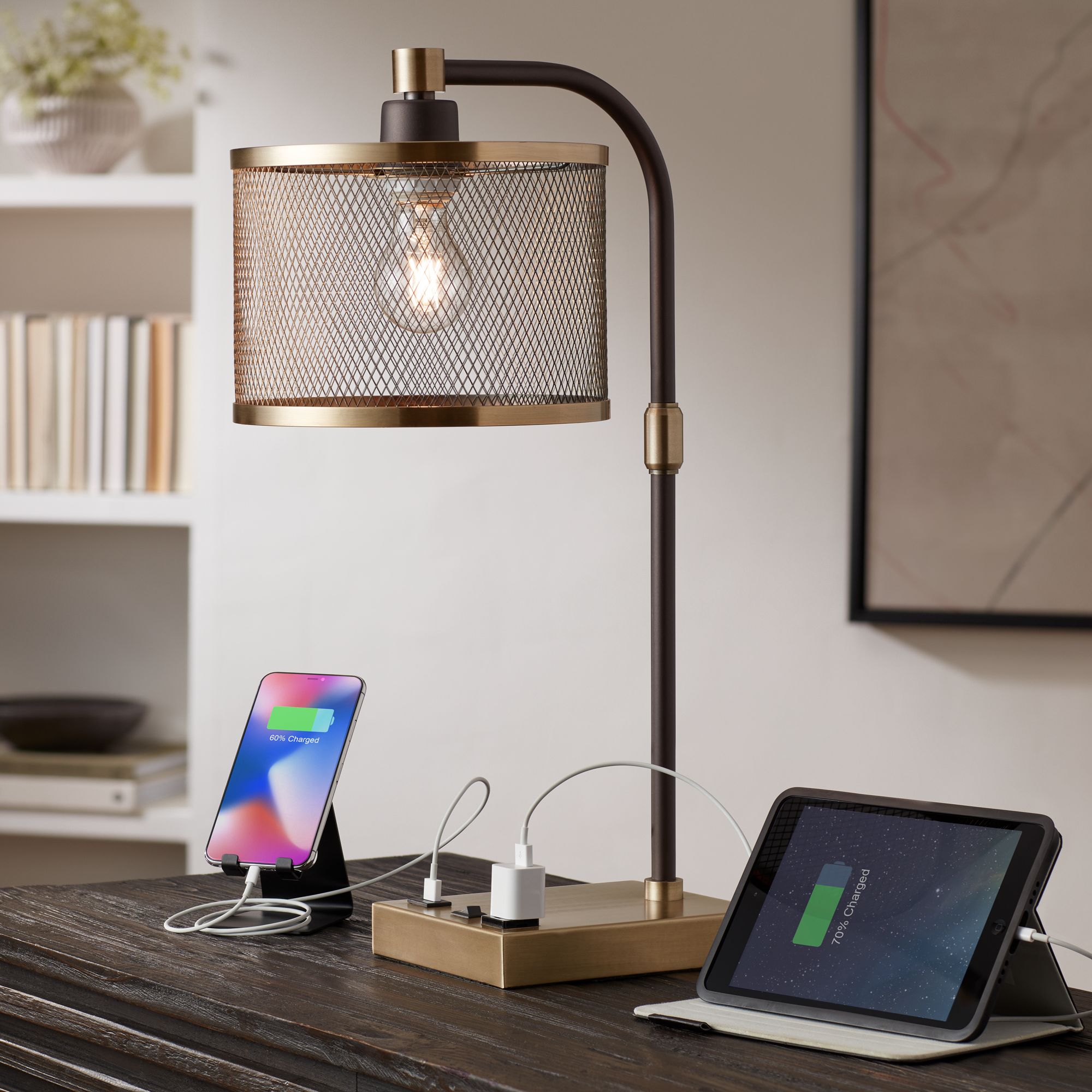 brody antique brass desk lamp with usb and outlet