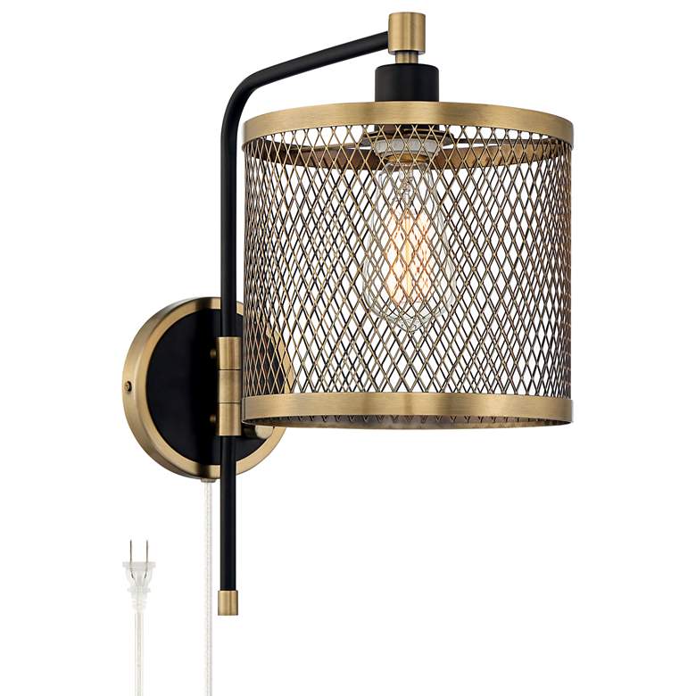 Image 2 Brody Black and Brass Plug-In Swing Arm Wall Lamp with Metal Mesh Shade