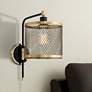 Brody Black and Brass Plug-In Swing Arm Wall Lamp with Metal Mesh Shade