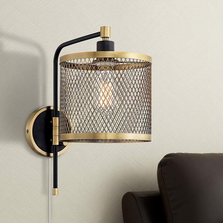 Image 1 Brody Black and Brass Plug-In Swing Arm Wall Lamp with Metal Mesh Shade