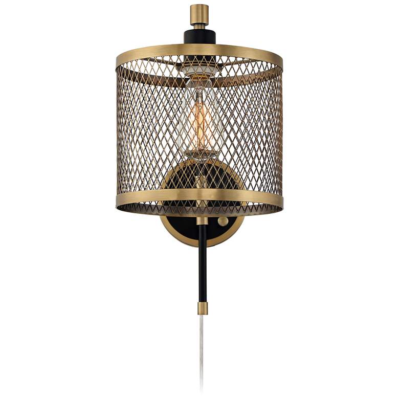 Image 5 Brody Black and Brass Plug-In Swing Arm Wall Lamp with Metal Mesh Shade more views