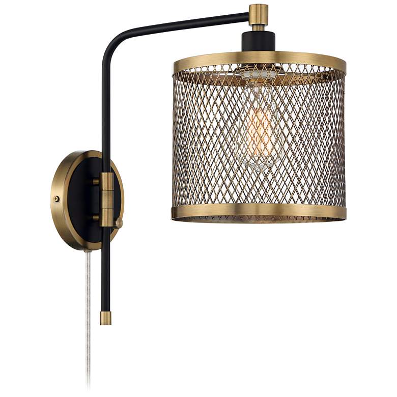 Image 6 Brody Black and Brass Plug-In Swing Arm Wall Lamp with Metal Mesh Shade more views