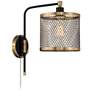 Brody Black and Brass Plug-In Swing Arm Wall Lamp with Metal Mesh Shade