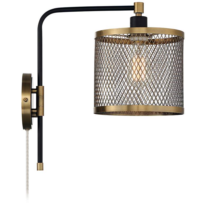 Image 7 Brody Black and Brass Plug-In Swing Arm Wall Lamp with Metal Mesh Shade more views