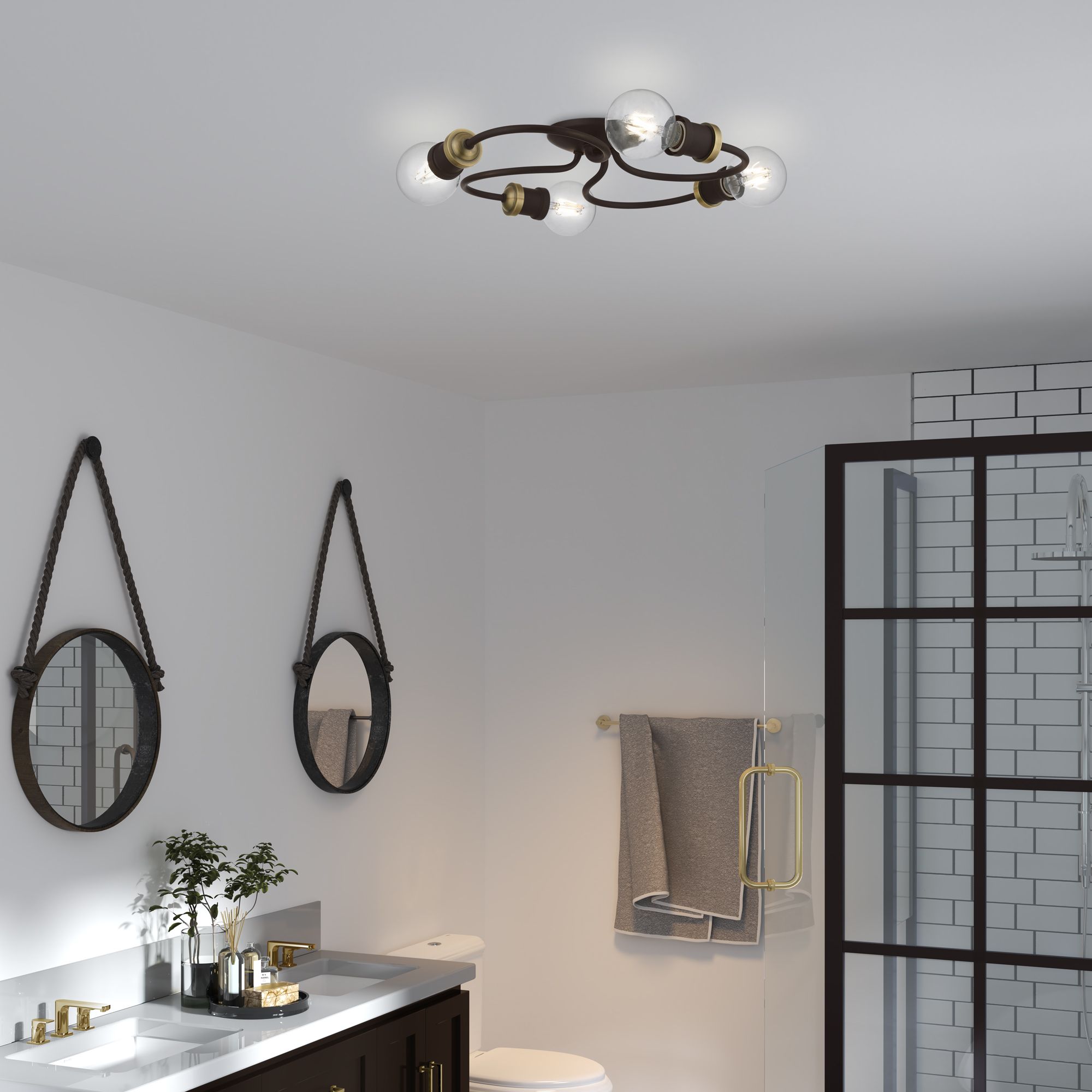 Bromley 4 Light Bronze with Antique Brass Accents Large Flush Mount