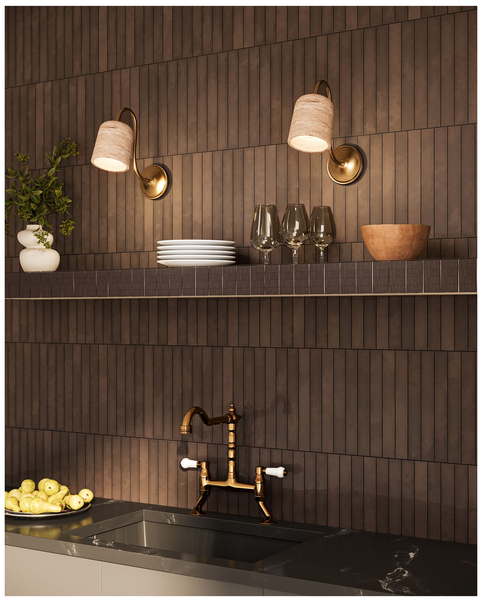 Bromley 5-in Brushed Gold Wall/Vanity Light with Natural Travertine Shade