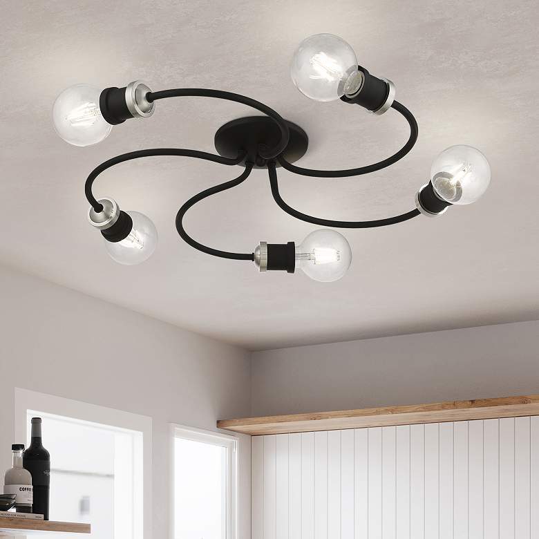 Image 1 Bromley 5 Light Black with Brushed Nickel Accents Large Flush Mount