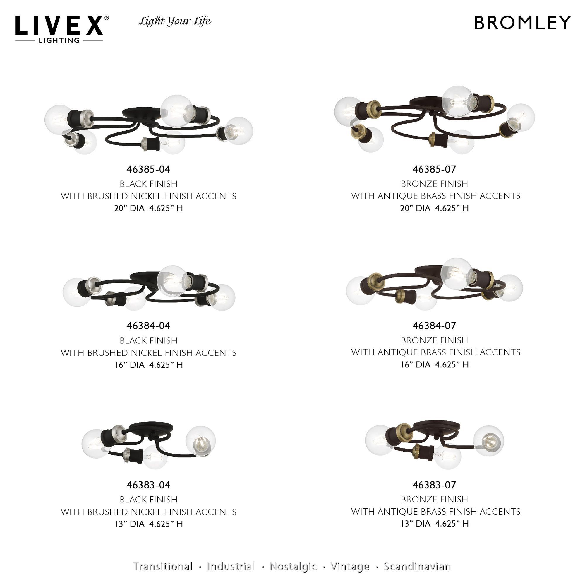 Bromley 5 Light Black with Brushed Nickel Accents Large Flush Mount