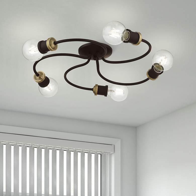 Image 1 Bromley 5 Light Bronze with Antique Brass Accents Large Flush Mount
