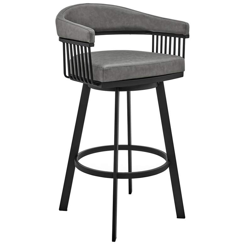 Image 1 Bronson 25 in. Swivel Barstool in Matte Black, Vintage Gray Faux Leather