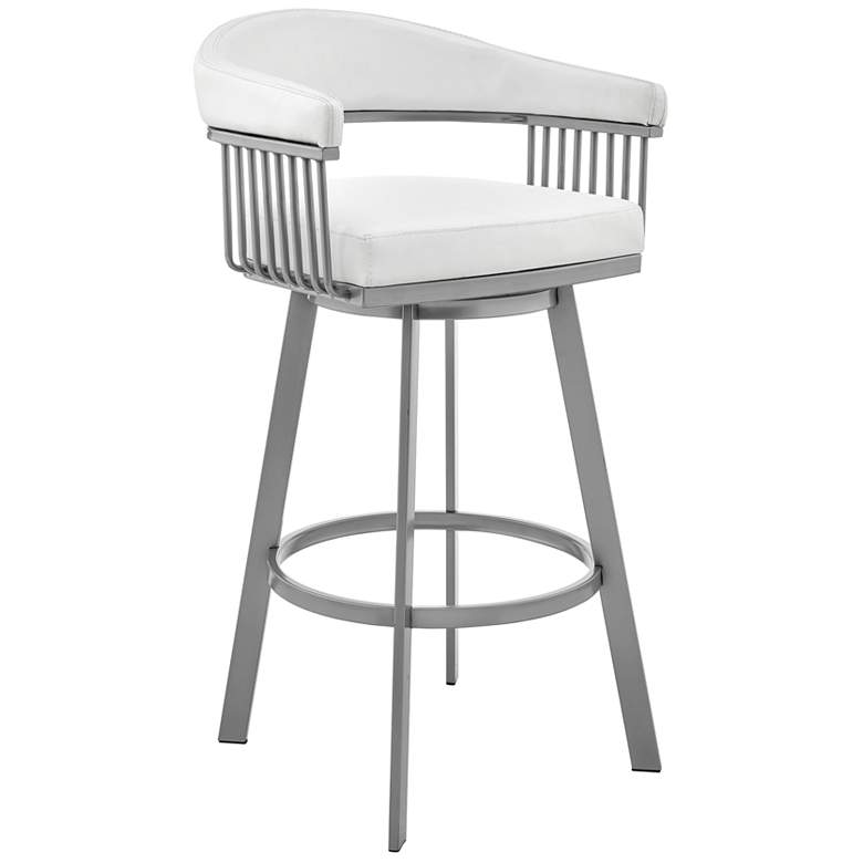 Image 1 Bronson 25 in. Swivel Barstool in Silver Finish with White Faux Leather