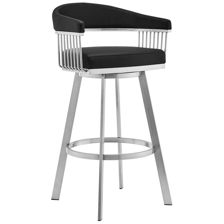 Image 1 Bronson 25 in. Swivel Barstool in Stainless Steel, Black Faux Leather