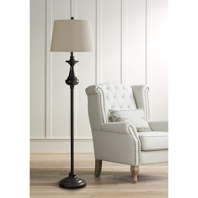 Image 1 Bronze Floor Lamp with Natural Linen Hardback Fabric Shade