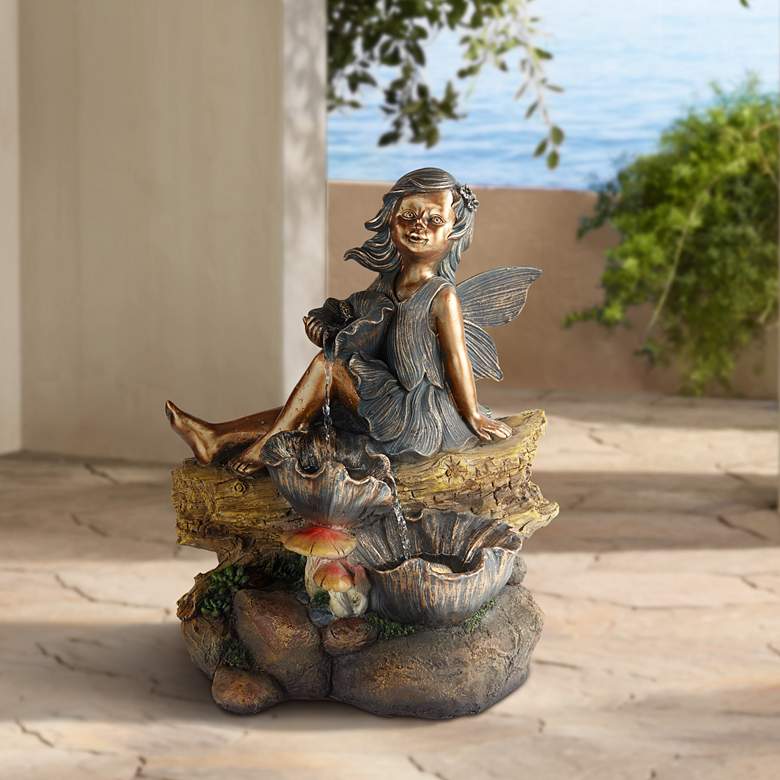 Bronze Garden Fairy 22&quot; High Fountain with LED Light