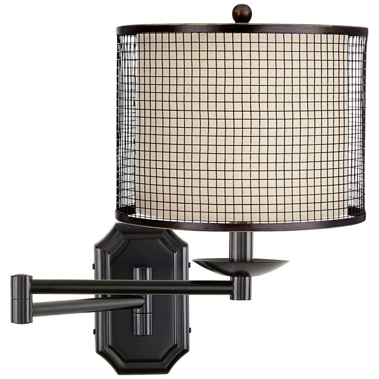 Image 1 Bronze Mesh Grid Dark Bronze Plug-In Swing Arm Wall Lamp