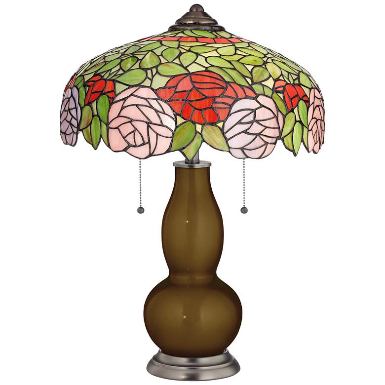 Image 1 Bronze Metallic Gourd Table Lamp with Rose Bloom Shade