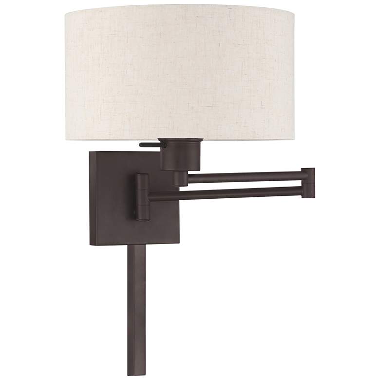 Image 1 Bronze Swing Arm Wall Lamp with Oatmeal Fabric Drum Shade