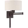 Bronze Swing Arm Wall Lamp with Oatmeal Fabric Drum Shade