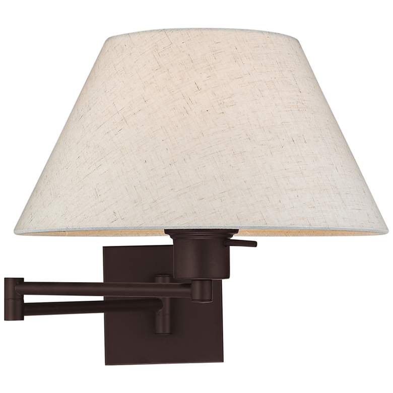 Image 2 Bronze Swing Arm Wall Lamp with Oatmeal Fabric Empire Shade