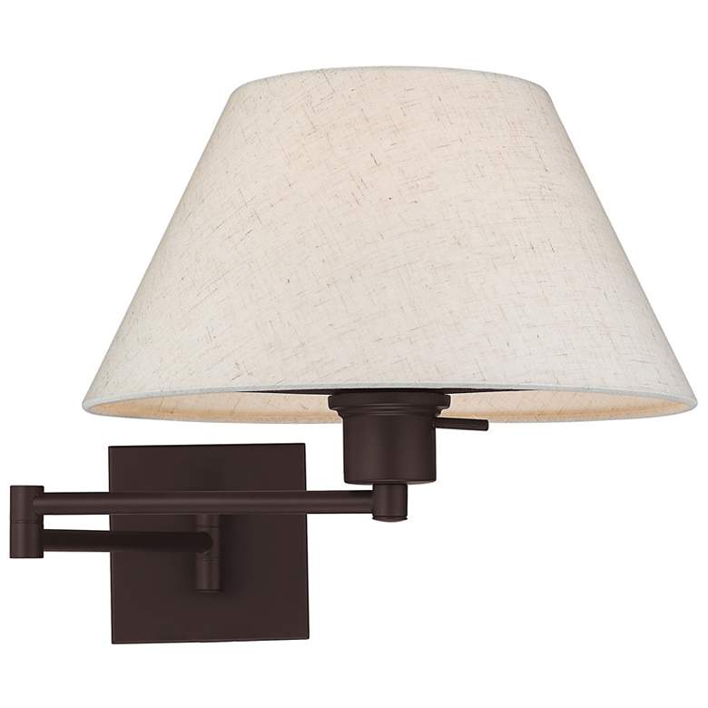 Image 3 Bronze Swing Arm Wall Lamp with Oatmeal Fabric Empire Shade more views