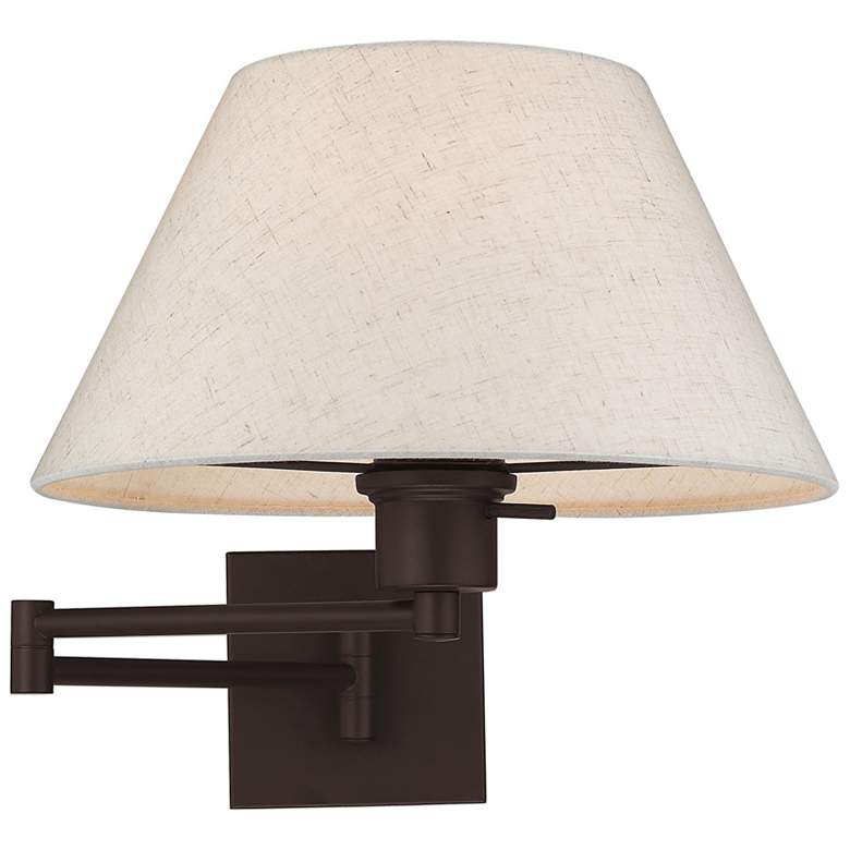 Image 4 Bronze Swing Arm Wall Lamp with Oatmeal Fabric Empire Shade more views
