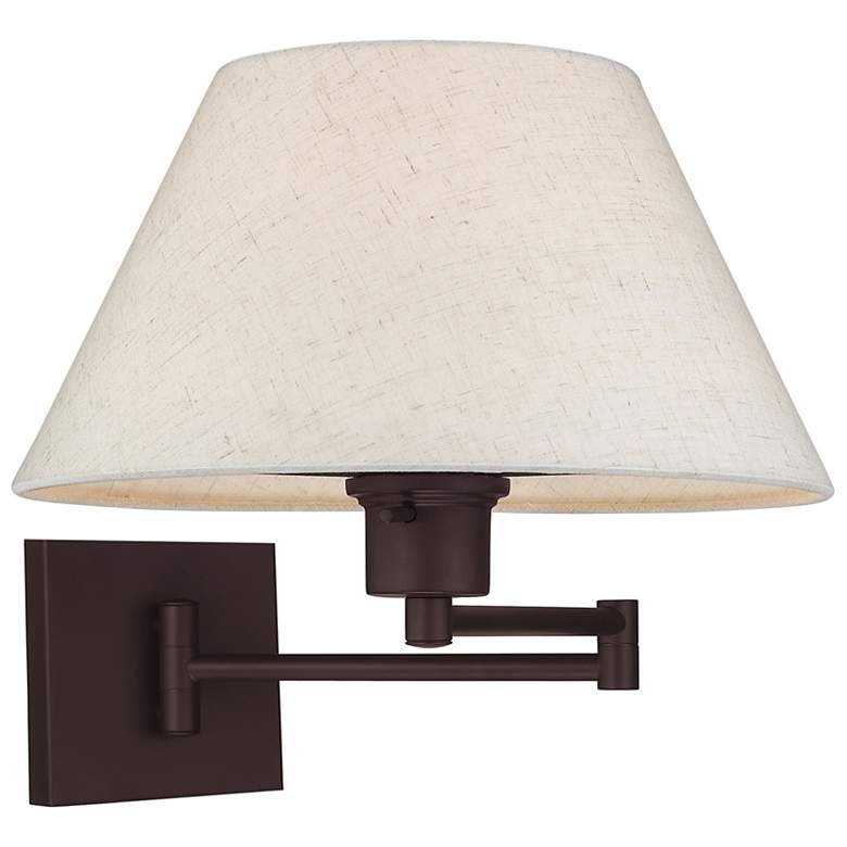 Image 5 Bronze Swing Arm Wall Lamp with Oatmeal Fabric Empire Shade more views