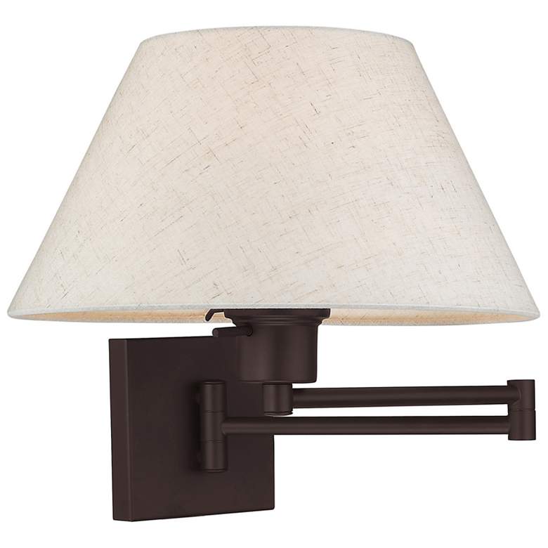 Bronze Swing Arm Wall Lamp with Oatmeal Fabric Empire Shade more views