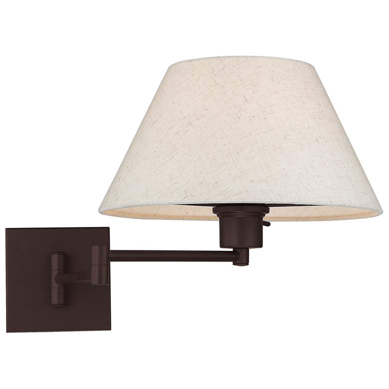 Image 7 Bronze Swing Arm Wall Lamp with Oatmeal Fabric Empire Shade more views
