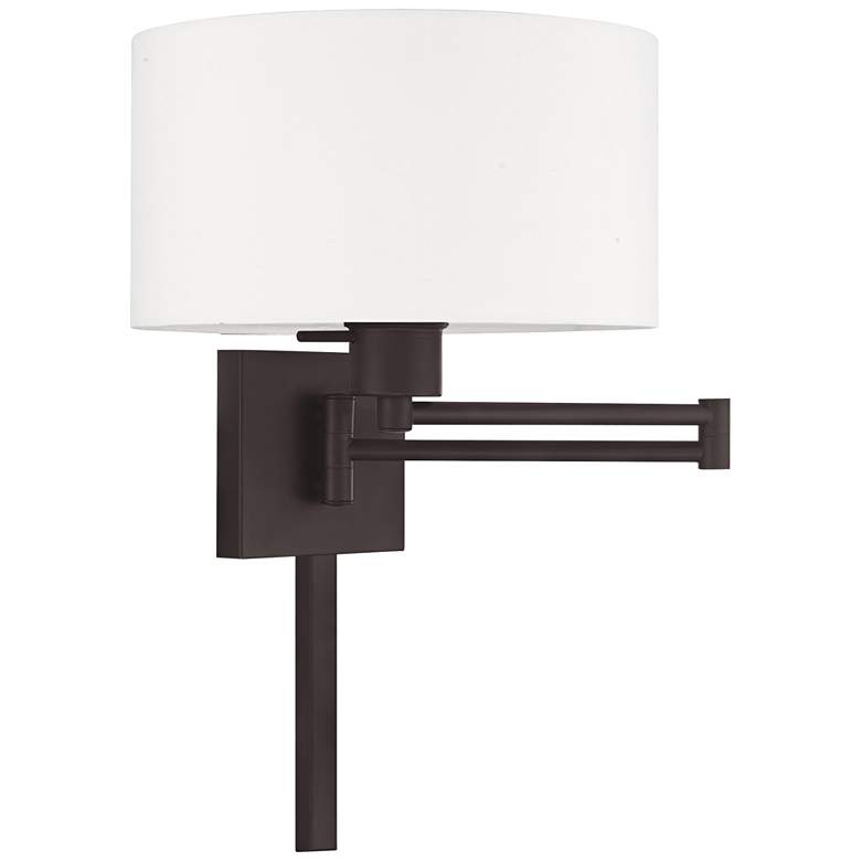 Image 2 Bronze Swing Arm Wall Lamp with Off-White Fabric Drum Shade