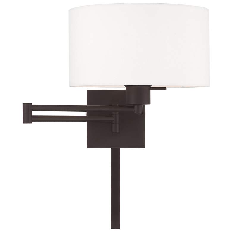 Image 3 Bronze Swing Arm Wall Lamp with Off-White Fabric Drum Shade more views