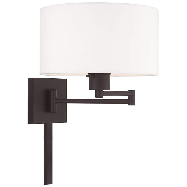 Image 4 Bronze Swing Arm Wall Lamp with Off-White Fabric Drum Shade more views