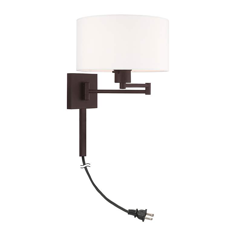 Image 5 Bronze Swing Arm Wall Lamp with Off-White Fabric Drum Shade more views