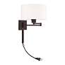 5_Bronze Swing Arm Wall Lamp with Off-White Fabric Drum Shade more views