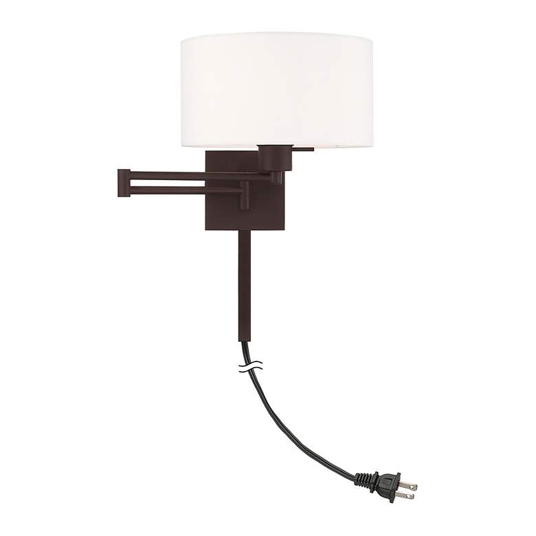 Image 6 Bronze Swing Arm Wall Lamp with Off-White Fabric Drum Shade more views
