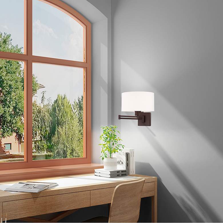 Image 7 Bronze Swing Arm Wall Lamp with Off-White Fabric Drum Shade more views