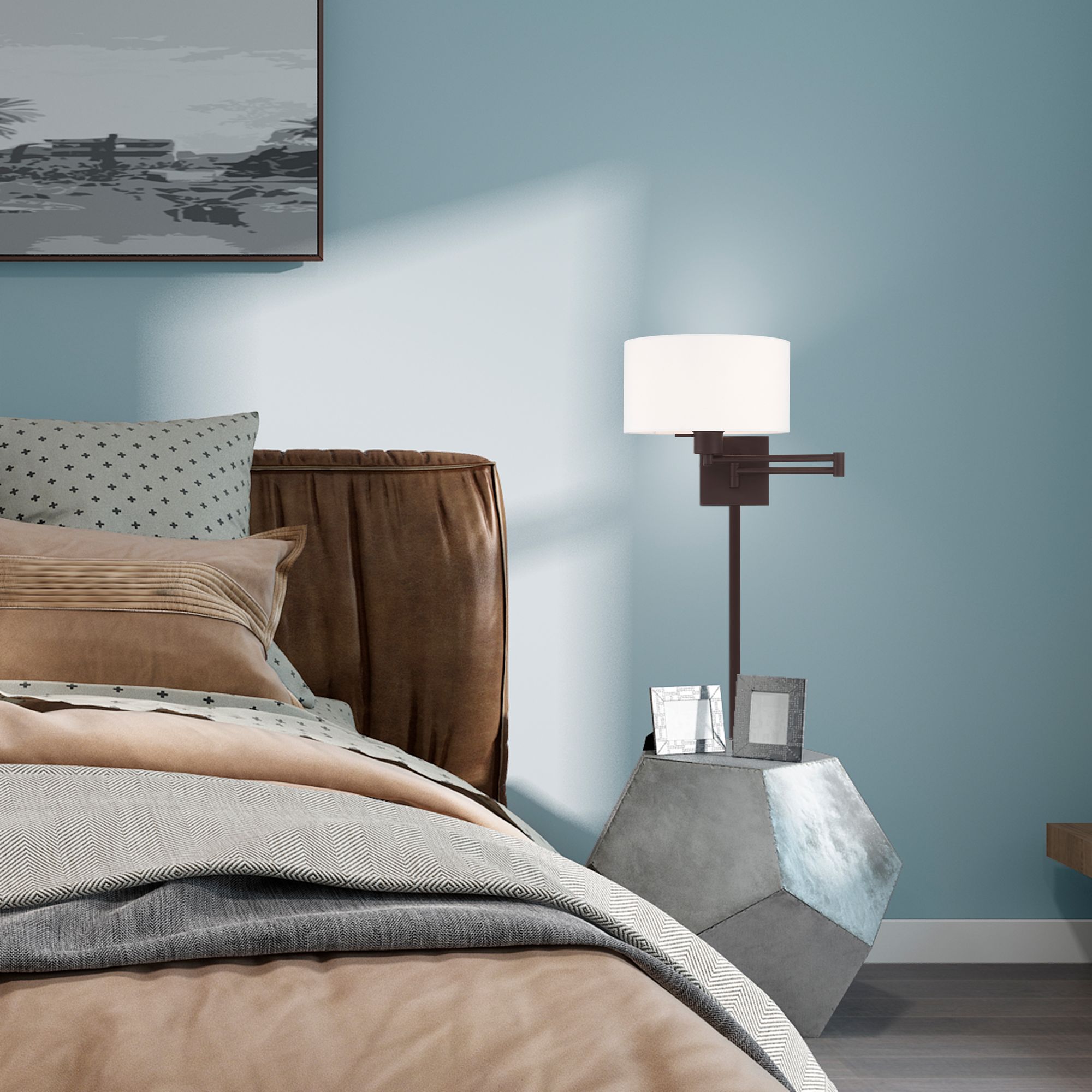 Bronze Swing Arm Wall Lamp with Off-White Fabric Drum Shade