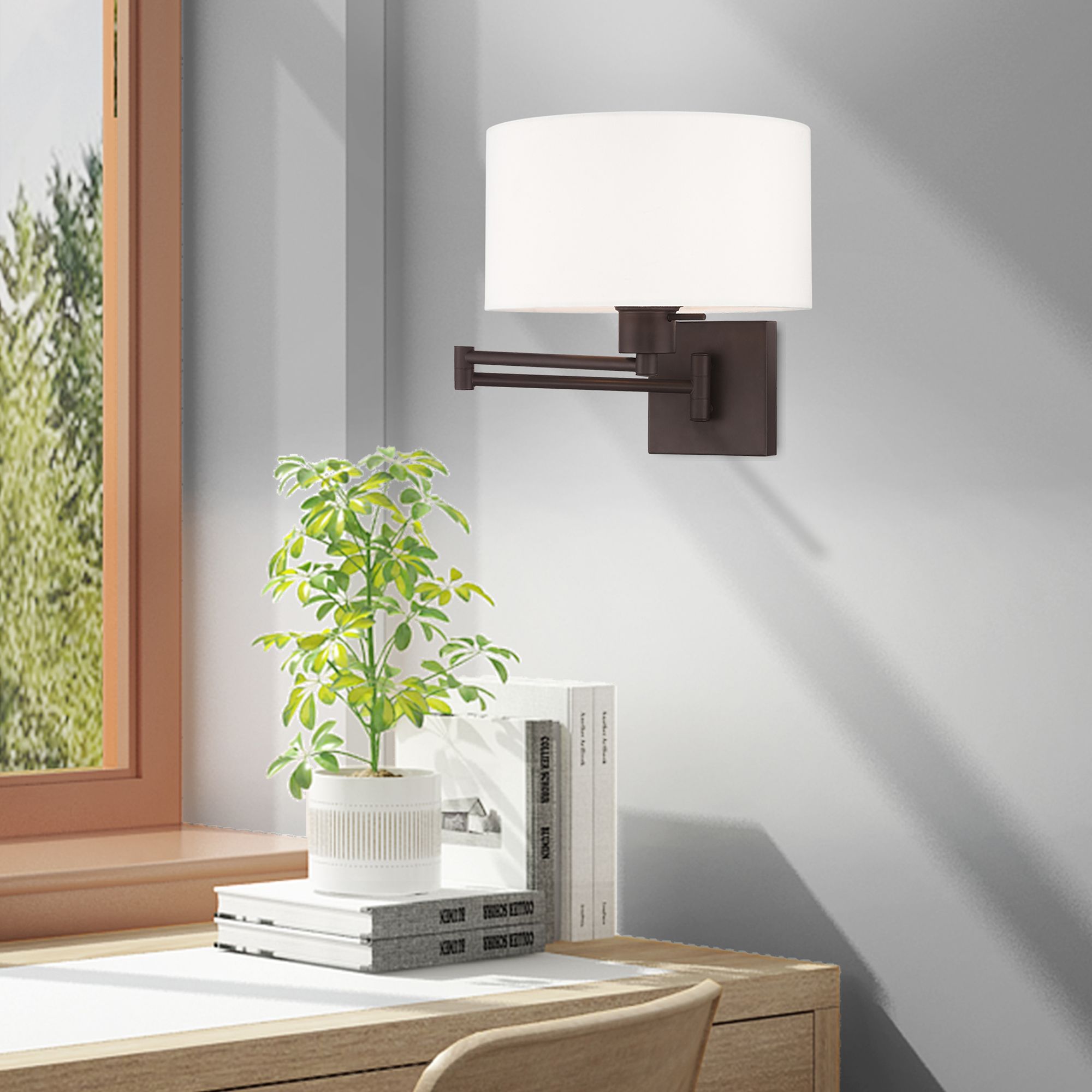 Bronze Swing Arm Wall Lamp with Off-White Fabric Drum Shade