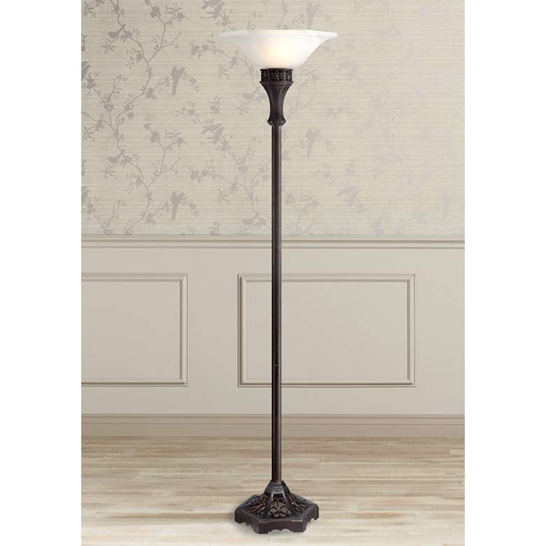 Image 1 Bronze Torchiere Floor Lamp with Hexagonal Alabaster Shade