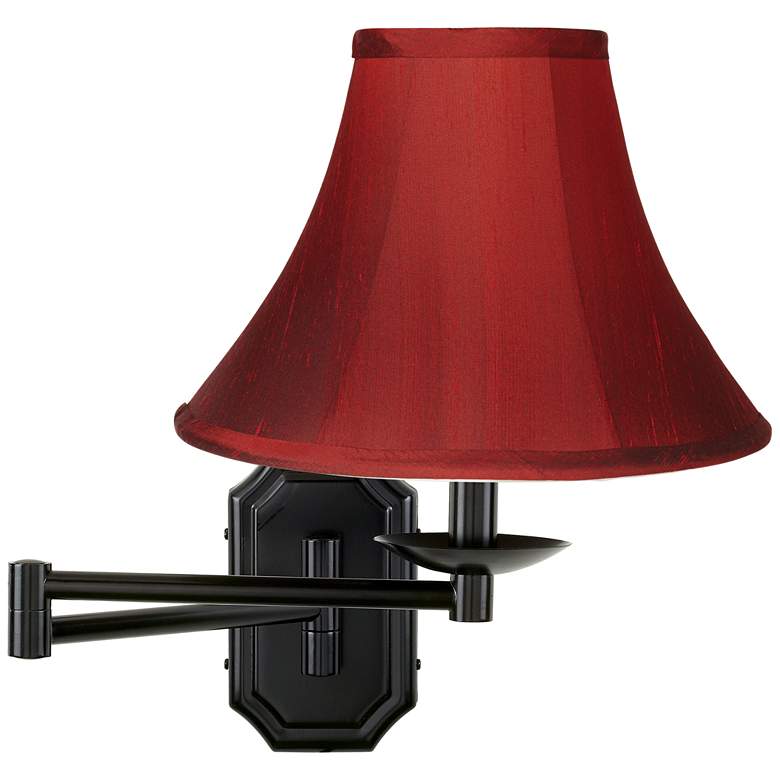 Image 1 Bronze with Red Dupioni Silk Shade Swing Arm Plug-In Wall Lamp