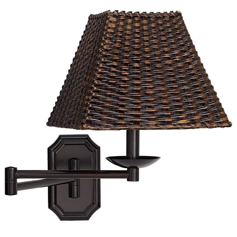 Image 1 Bronze with Walnut Wicker Shade Plug-In Swing Arm Wall Lamp