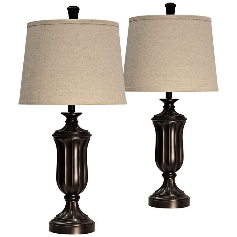Image 1 Bronze Wood Table Lamp with Beige Hardback Shade Set of 2