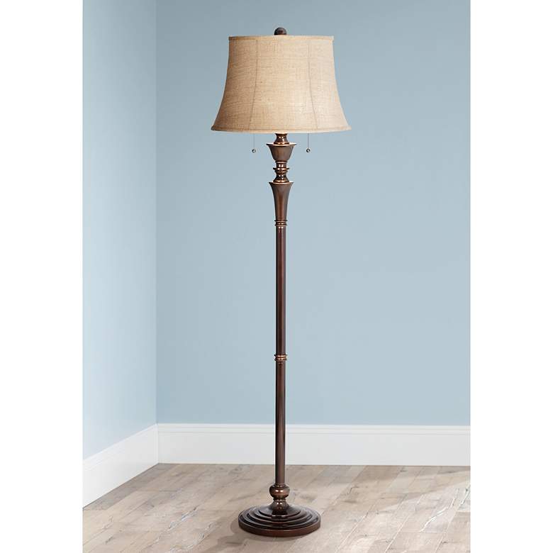Image 1 Brooke Twin Pull Chain Bronze Floor Lamp with 17W LED Bulb