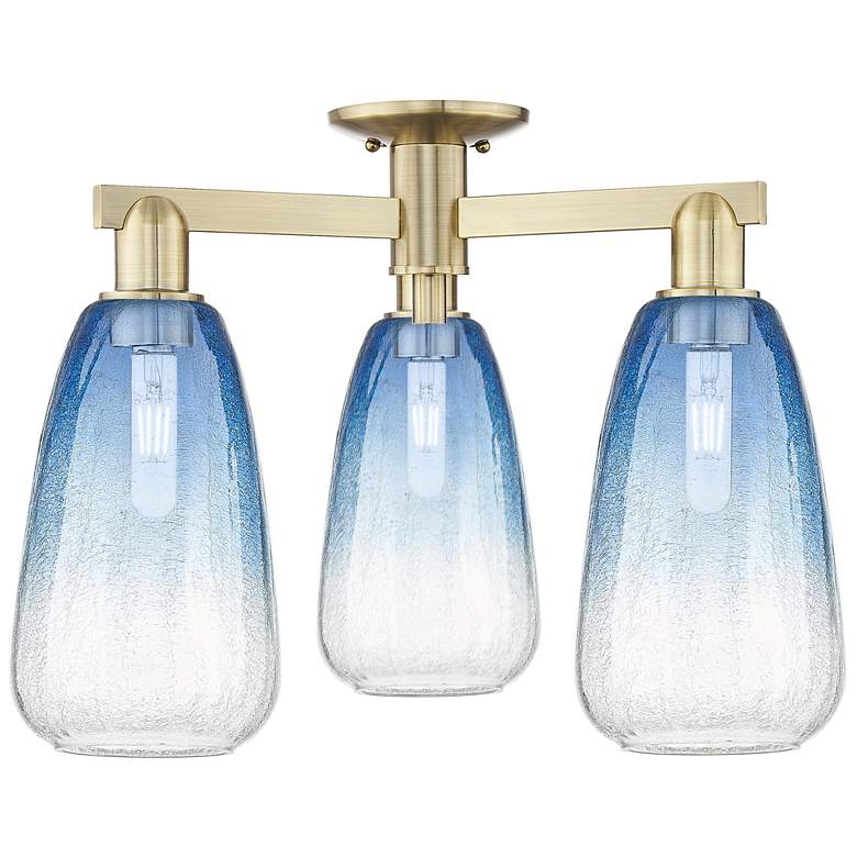 Image 1 Brookhaven Almond 24"W 3-Lt Antique Brass Semi-Flush w/ Sapphire Shade