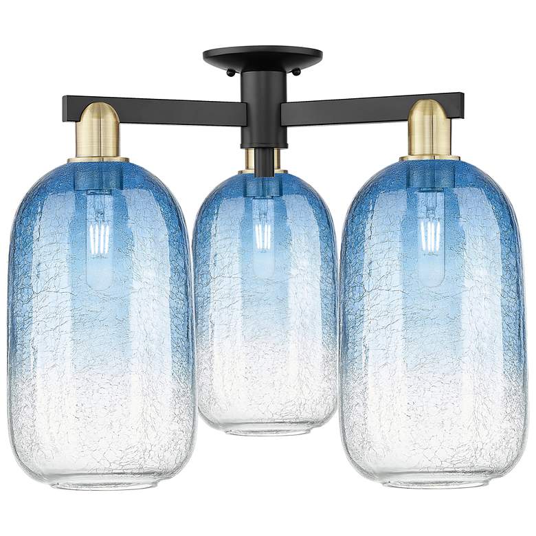 Image 1 Brookhaven Cloche 25"W 3 Light Black Brass Semi-Flush w/ Sapphire Shade