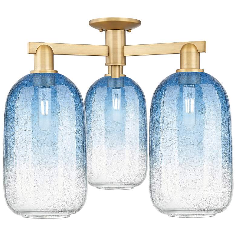Image 1 Brookhaven Cloche 25"W 3 Light Brass Semi-Flush w/ Sapphire Shade