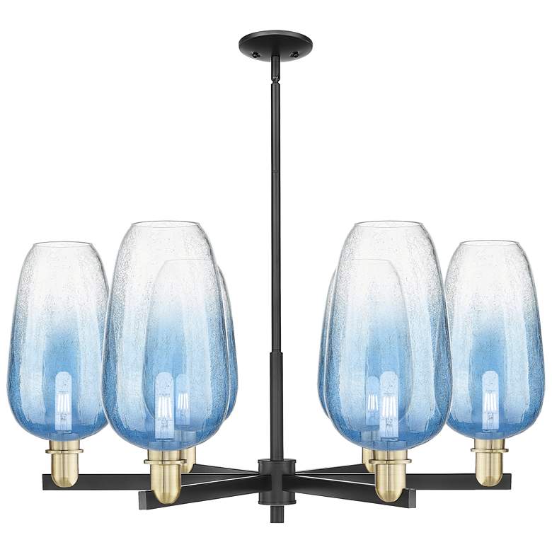 Image 1 Brookhaven Flute 24"W 6-Lt Black Brass Stem Chandelier w/ Blue Shade