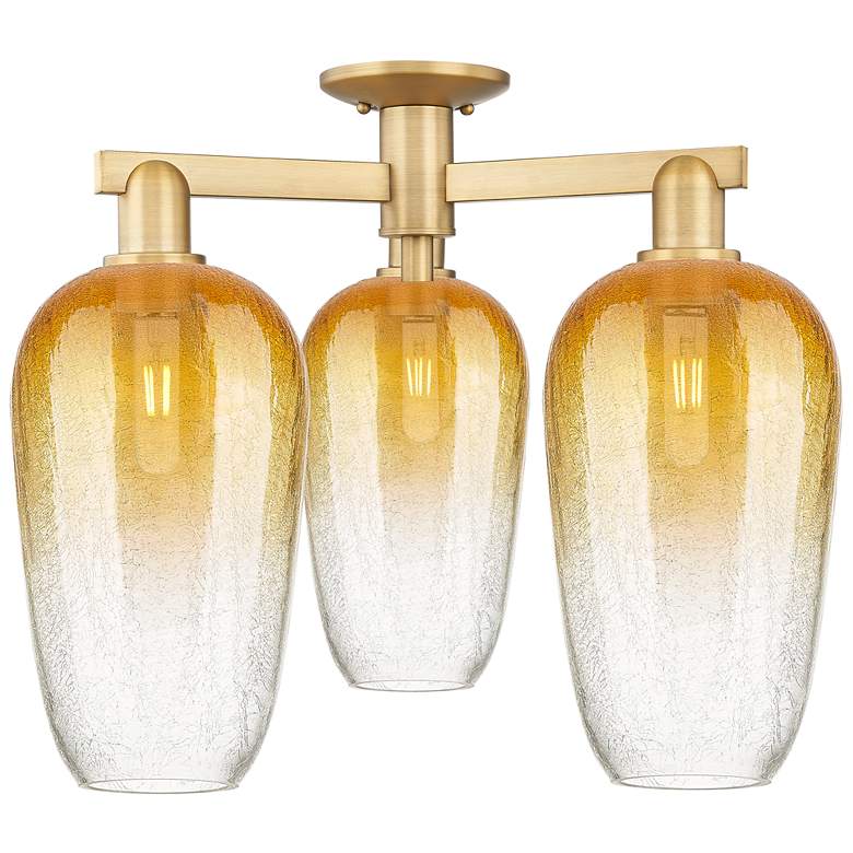Image 1 Brookhaven Flute 25"W 3 Light Brushed Brass Semi-Flush With Amber Shade